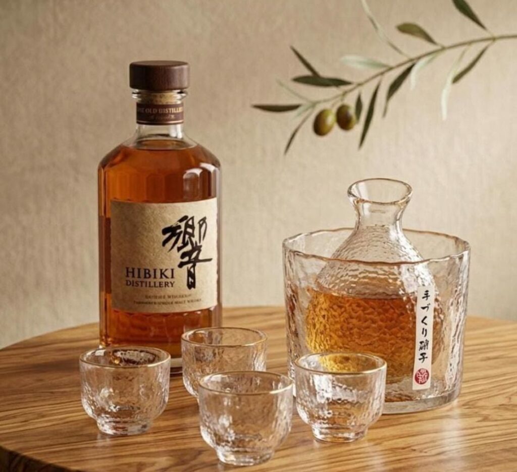 best glasses for Japanese whisky with bottle and sakazuki