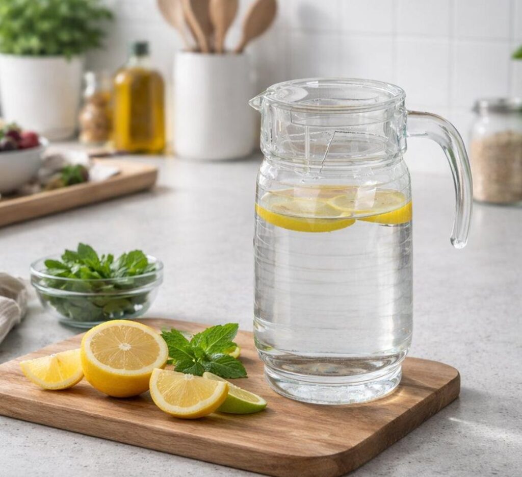Pitcher of water and fresh lemons for a homemade electrolyte drink recipe