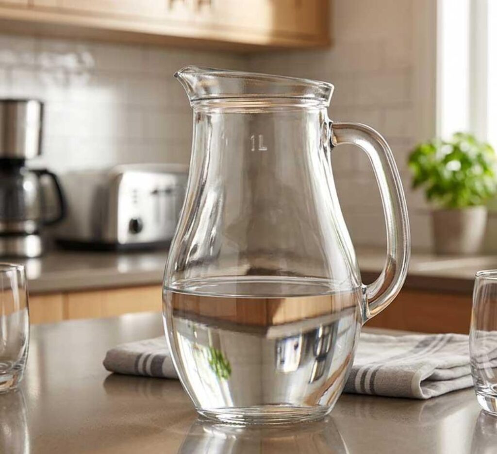 Measuring 1 liter of water in a glass pitcher for a homemade electrolyte drink recipe