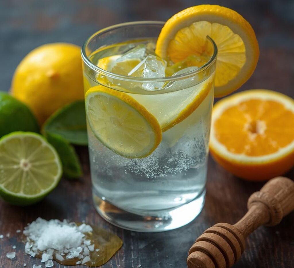 A glass of freshly prepared homemade electrolyte drink served with ice and lemon slices